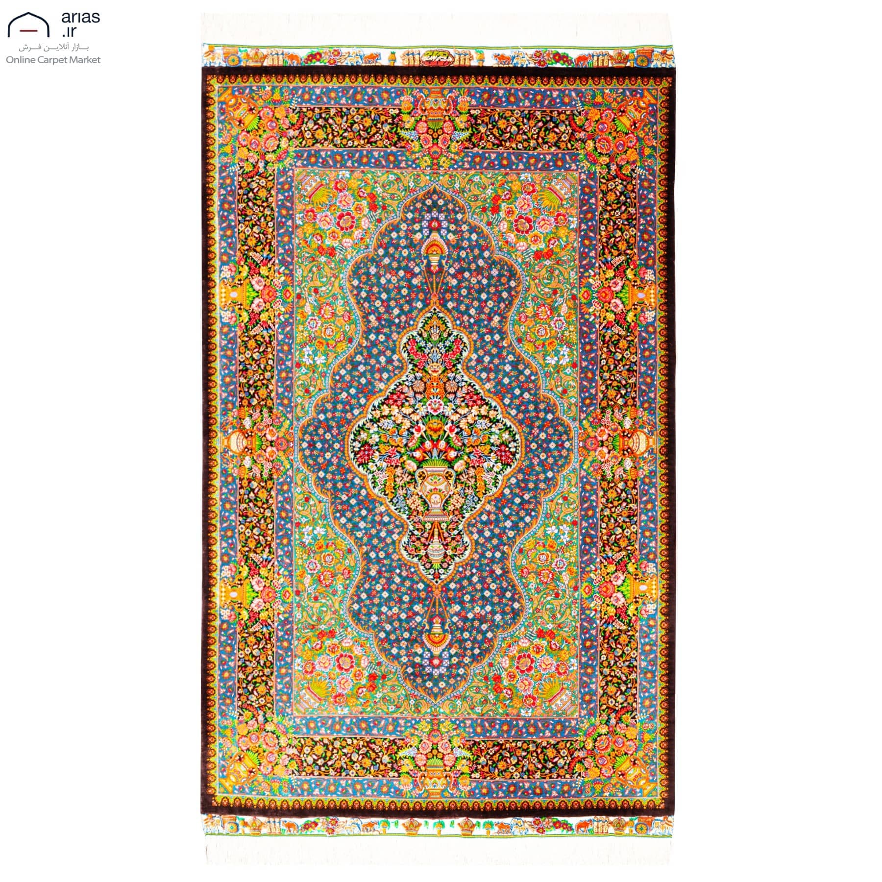 فرش دستباف ذرع و نیم ابریشم طرح ترنج غلط عربلو قم D02580G