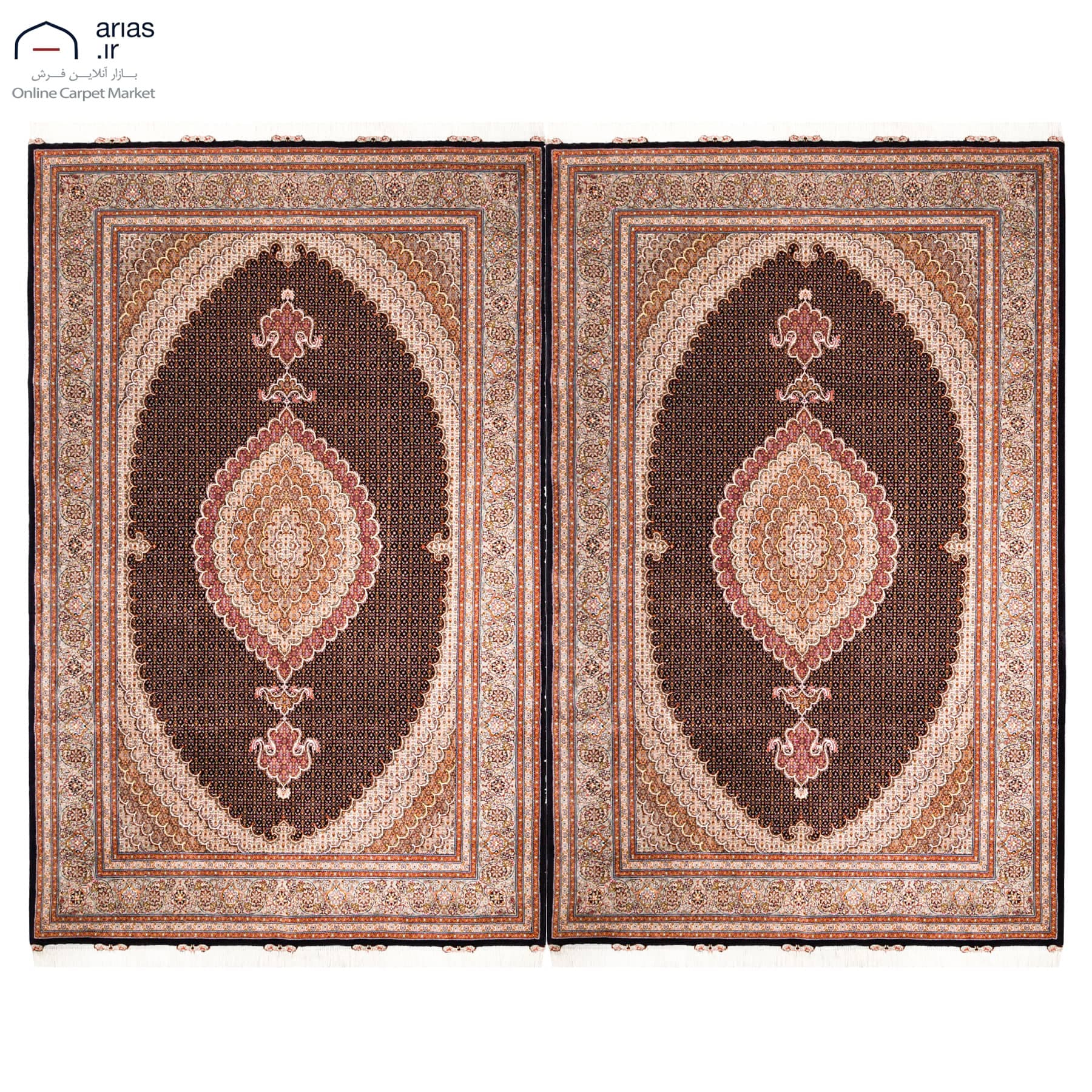 فرش جفت دستباف شش متری چله نخ گل ابریشم نقشه ماهی تبریز کد D02400T