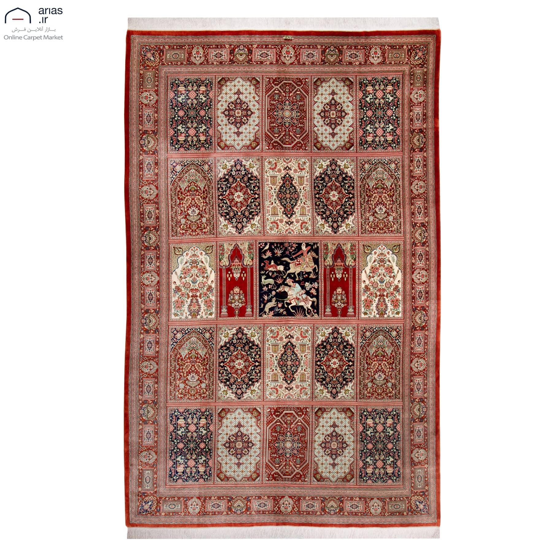 فرش دستباف شش متری تمام ابریشم طرح قابی مارک عربلو کد D02544G