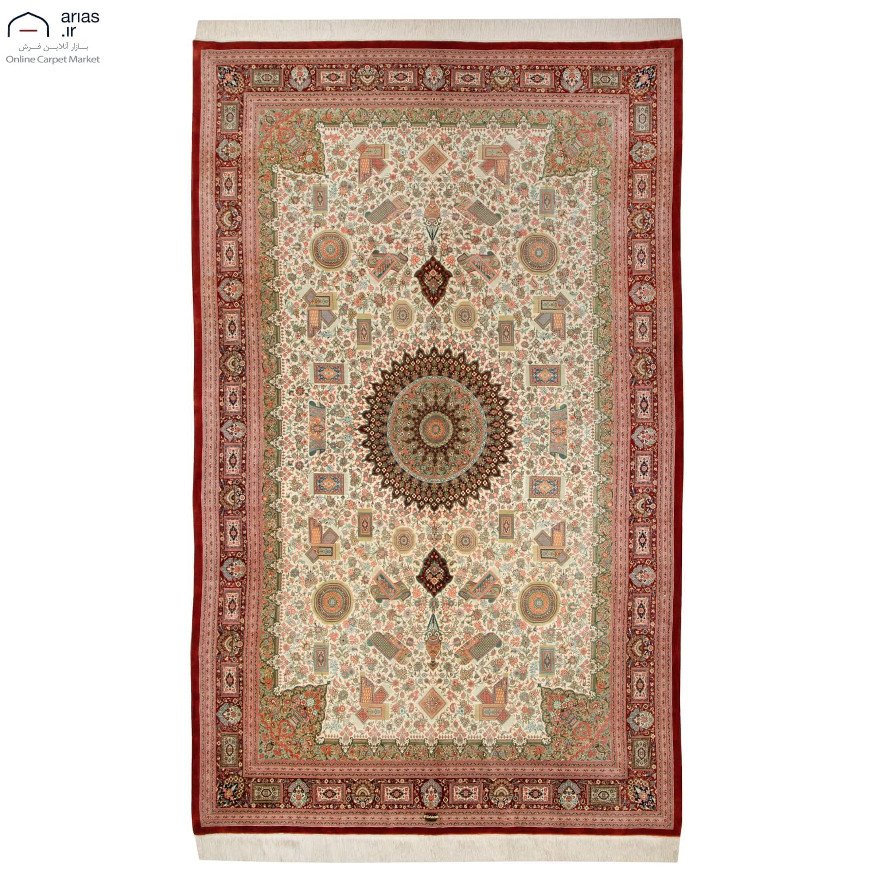 فرش دستباف شش متری تمام ابریشم طرح لچک ترنج عربلو کد D02543G