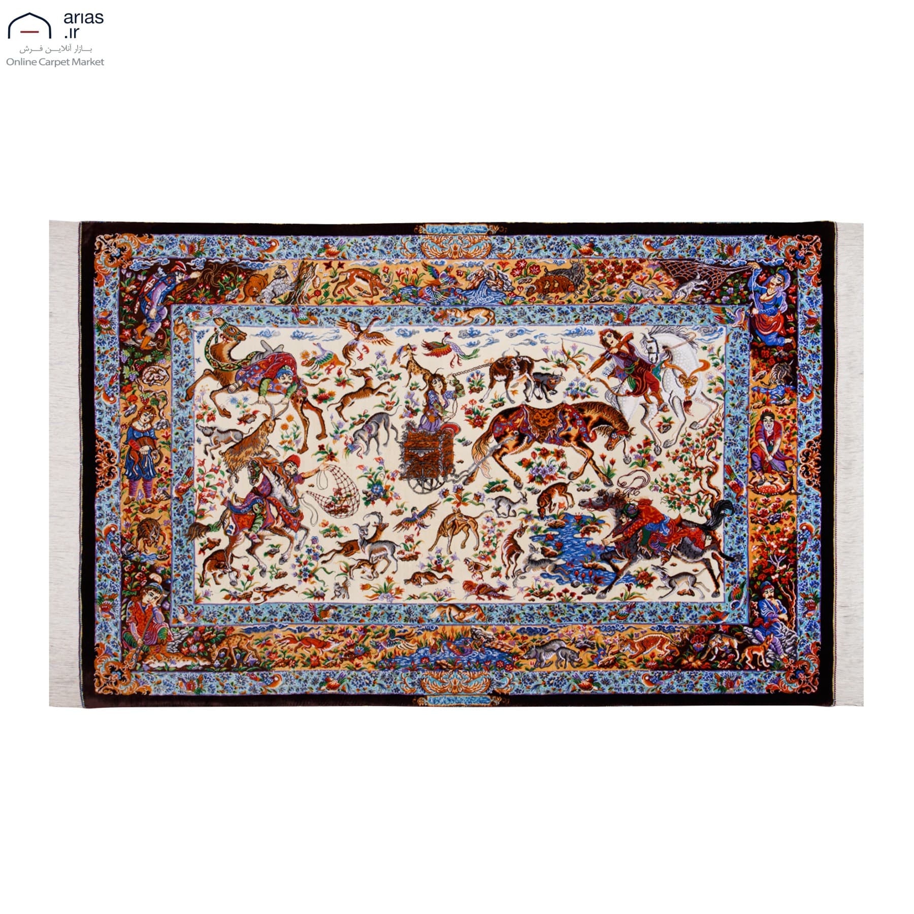 فرش دستباف ذرع و نیم تمام ابریشم طرح شکارگاه مارک صادق زاده کد D02531G