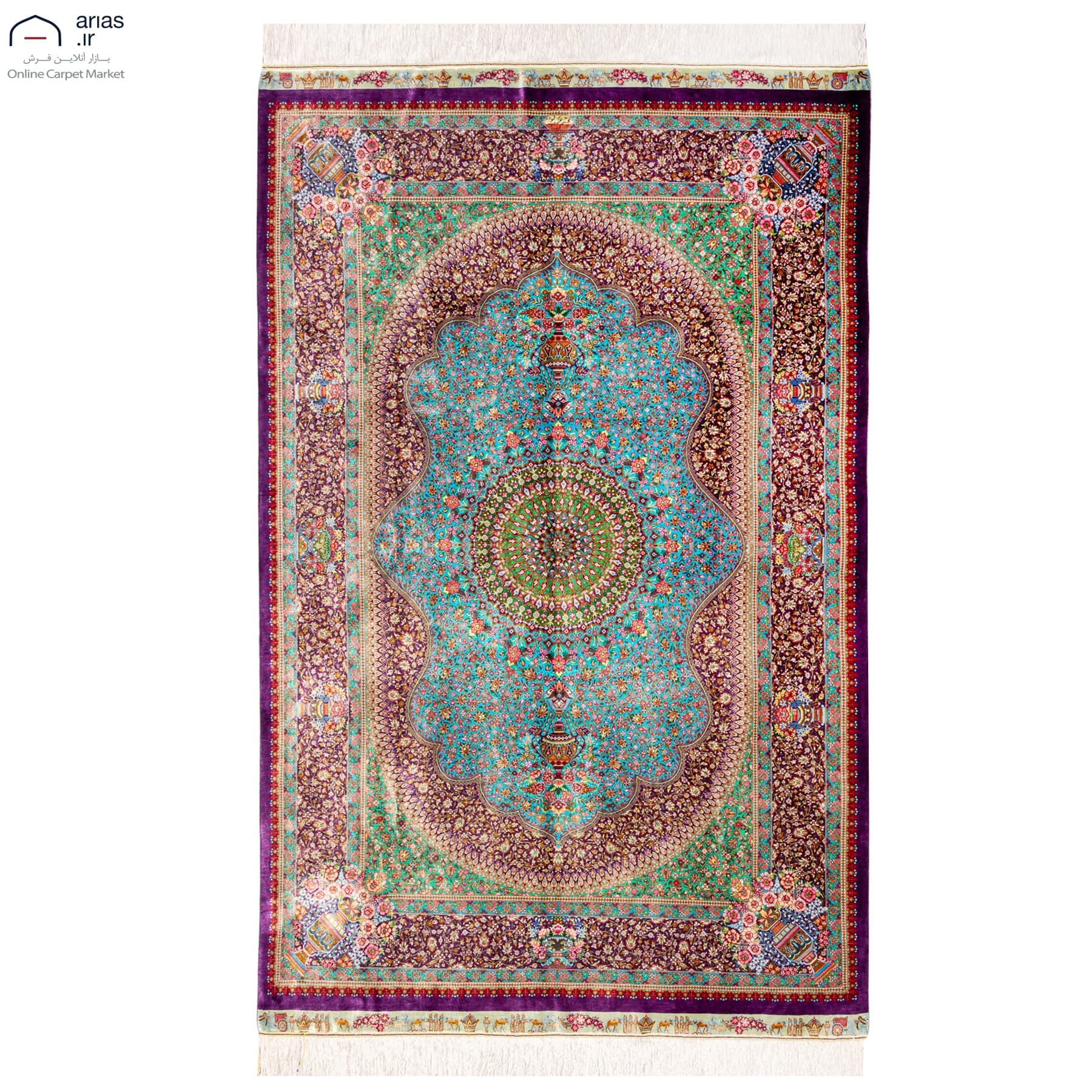 فرش دستباف سه متری تمام ابریشم طرح لچک ترنج مارک عربلو کد D02498G