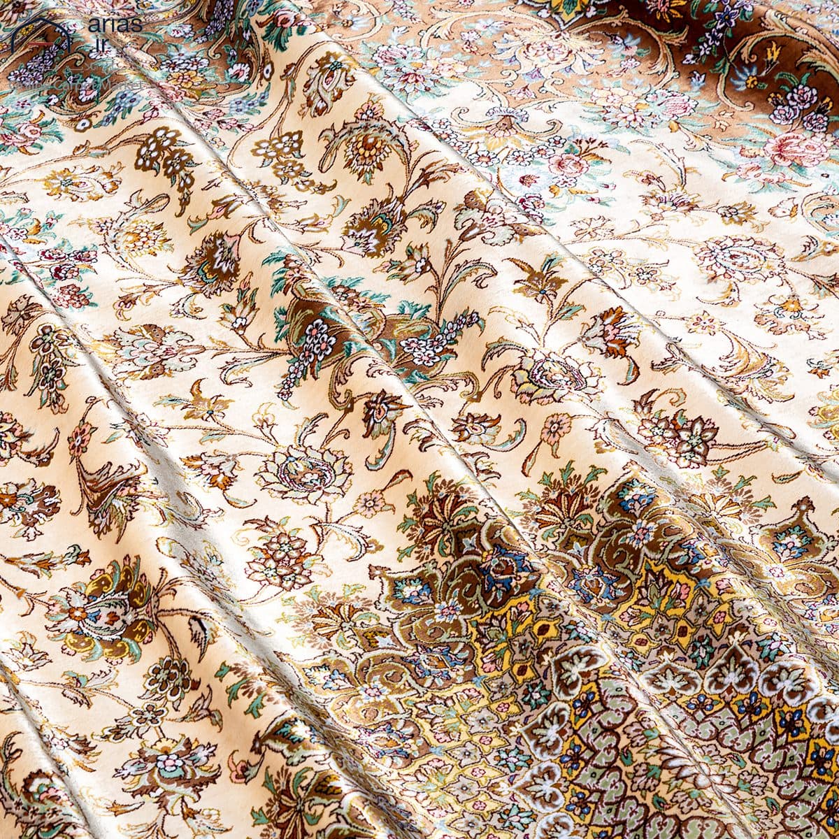 فرش دستباف شش متری تمام ابریشم طرح لچک ترنج مارک پردیس کد D02492G — تصویر ۸