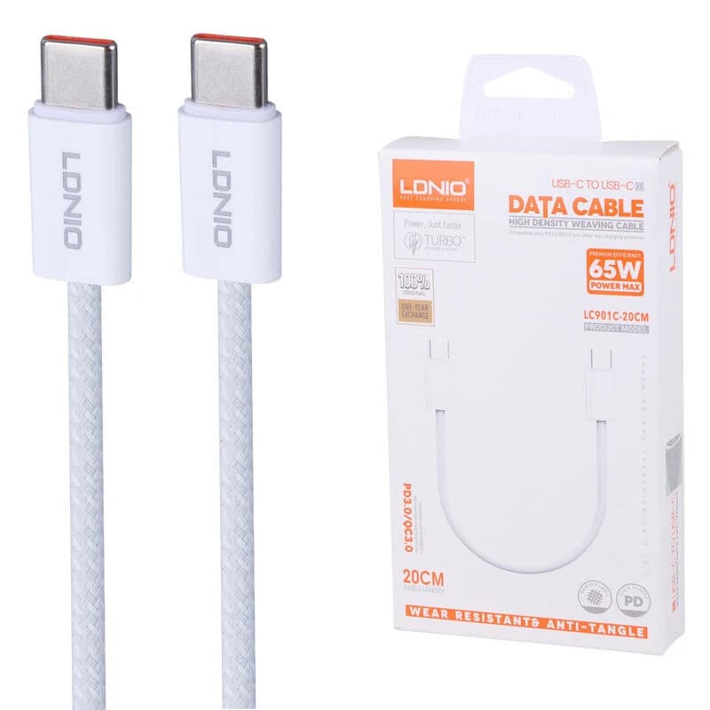 کابل فست شارژ کوتاه دو سر Type-C الدینیو مدل LC901C 65W PD طول 20cm