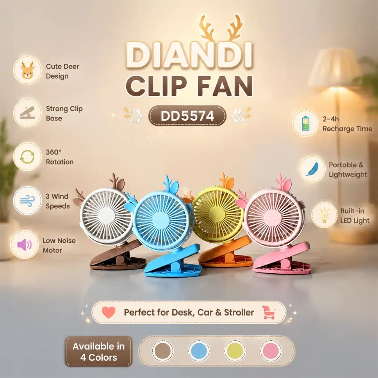 پنکه شارژی مدل DD5574 کلیپسی گوزنی با چرخش 360 درجه — تصویر ۶