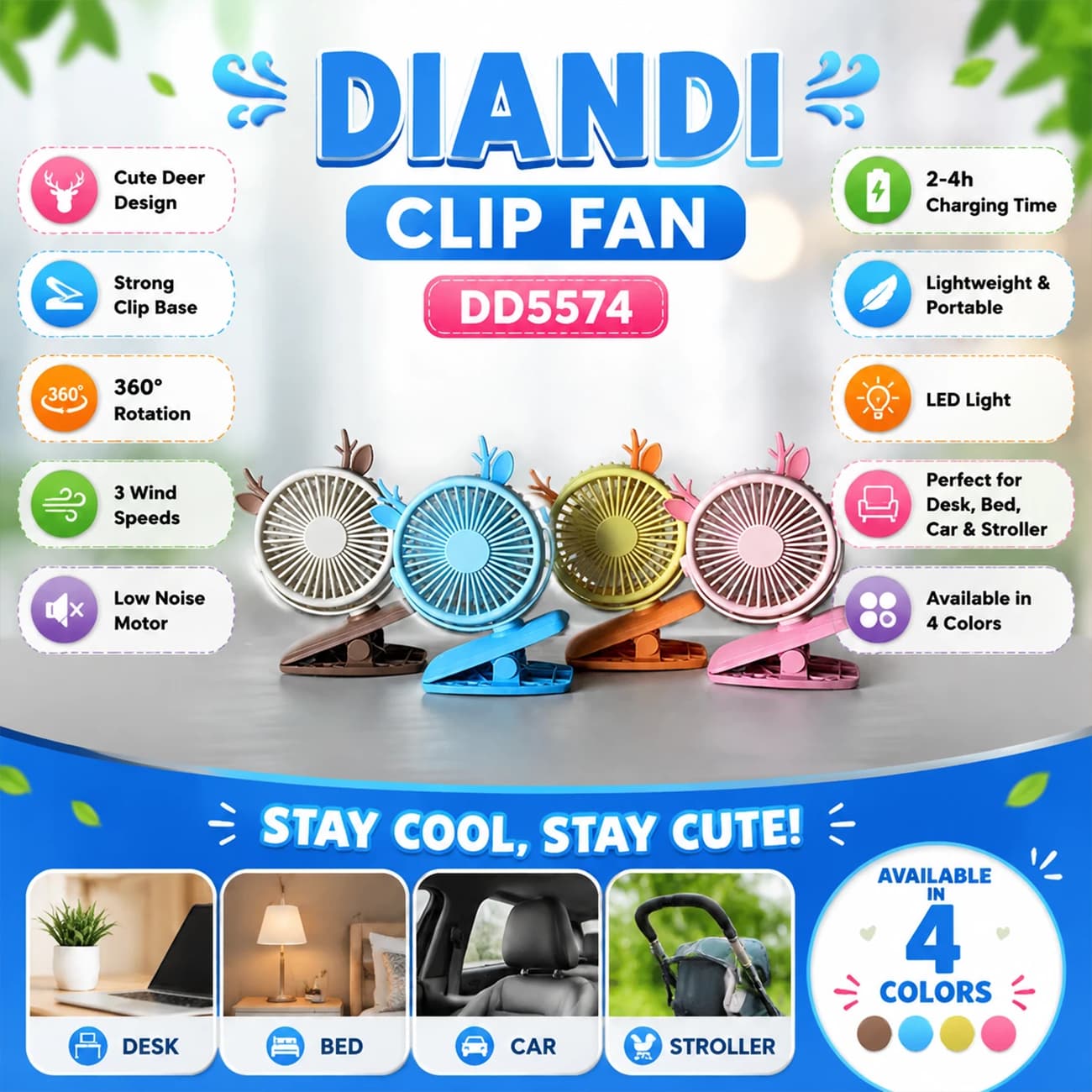 پنکه شارژی مدل DD5574 کلیپسی گوزنی با چرخش 360 درجه — تصویر ۴
