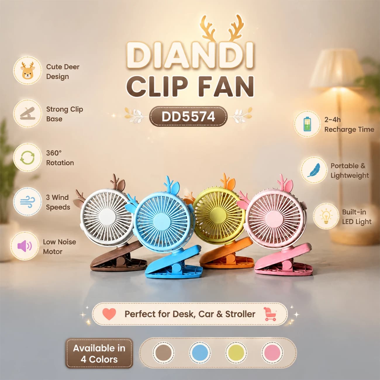 پنکه شارژی مدل DD5574 کلیپسی گوزنی با چرخش 360 درجه — تصویر ۲