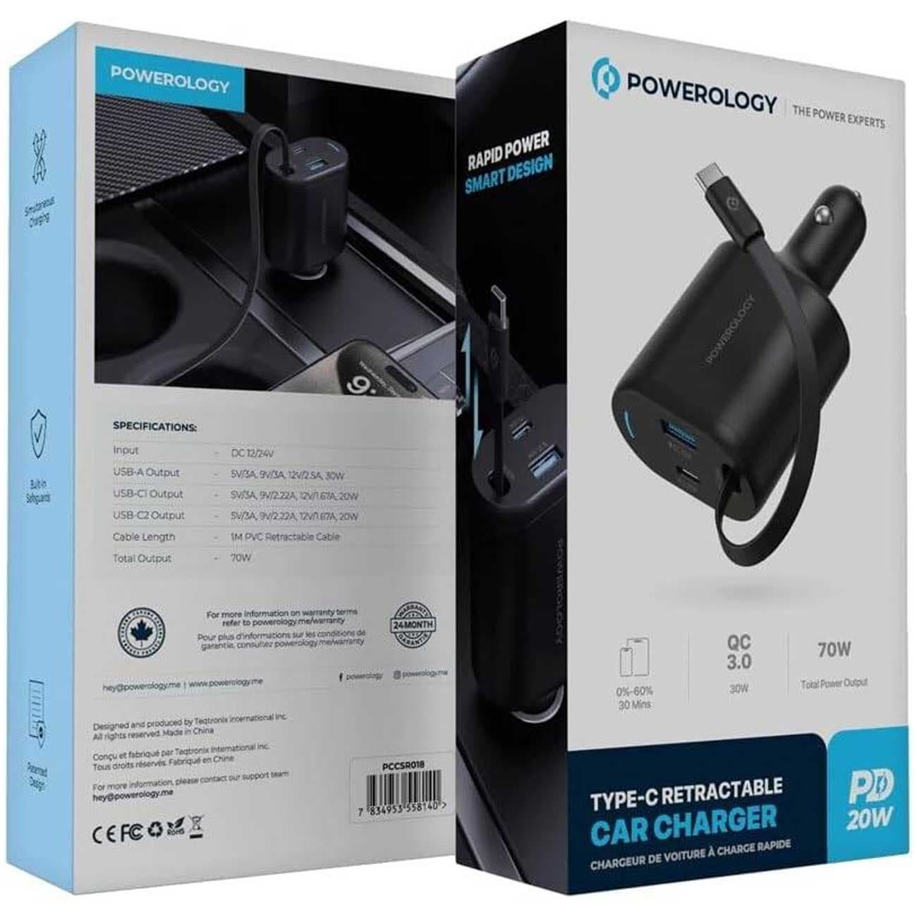 شارژر فندکی فست شارژ ماشین تایپ سی 70 وات پاورولوژی PCCSR018 — تصویر ۳