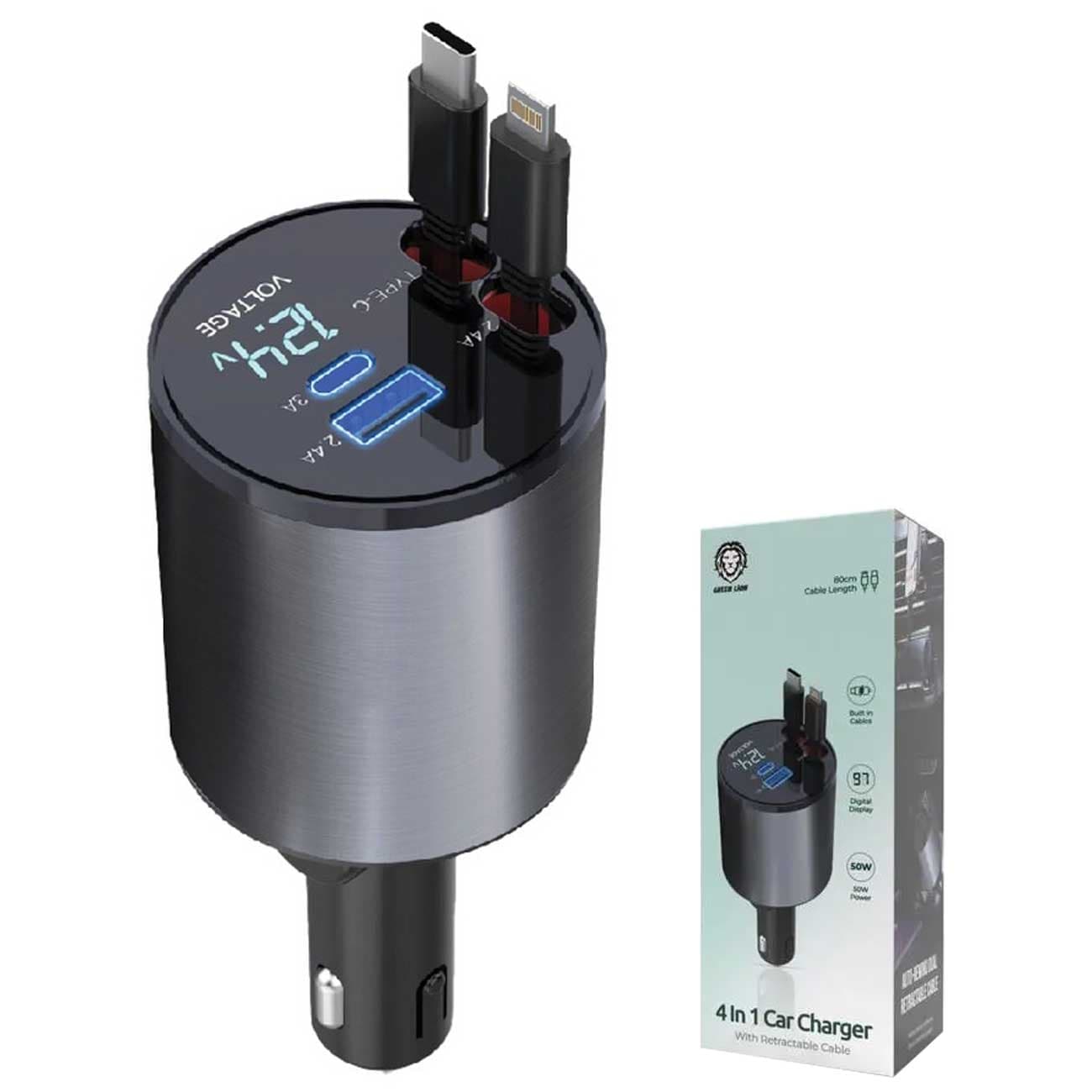 شارژر فندکی فست شارژ ماشین تایپ سی و لایتنینگ 50 وات گرین GN4IN1CARCGY — تصویر ۳