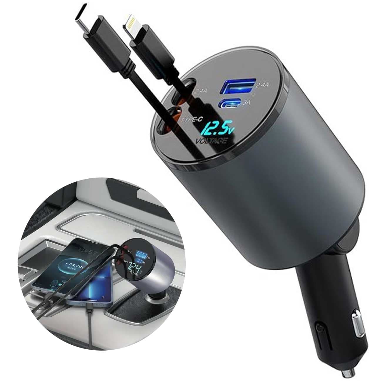 شارژر فندکی فست شارژ ماشین تایپ سی و لایتنینگ 50 وات گرین GN4IN1CARCGY