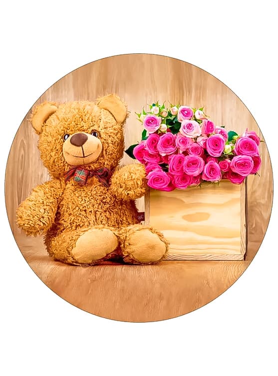فرش گرد کودک دخترانه طرح تدی با گل رز صورتی کد 100238