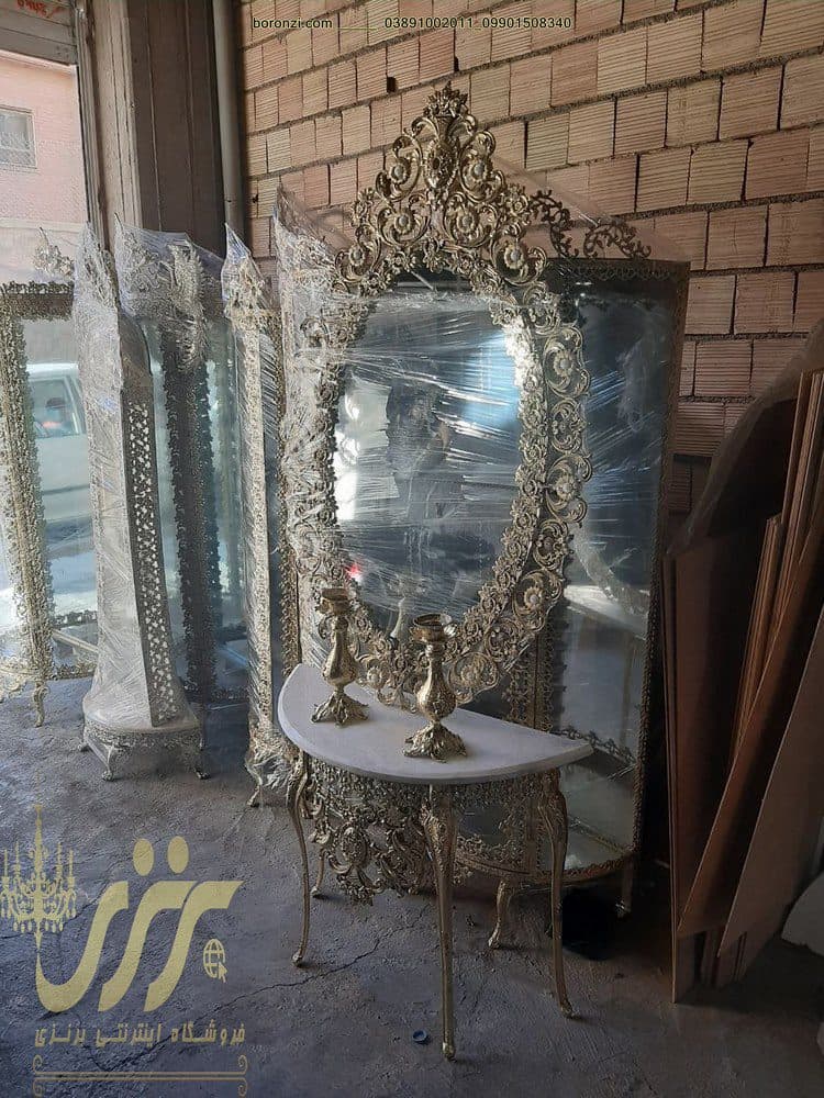 آینه کنسول بیضی پرکار طرح برنز آفتابگردان — تصویر ۲