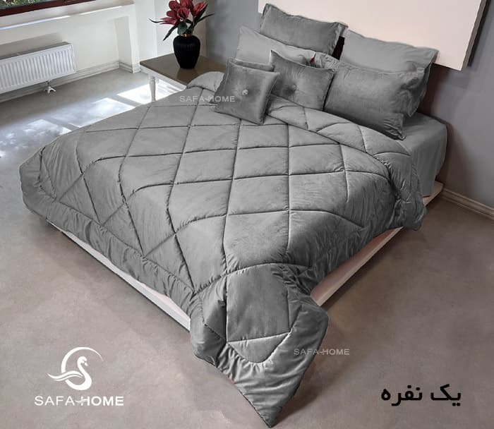 روتختی یک نفره مخمل کالیفرنیا 5 تکه طرح لوزی طوسی روشن