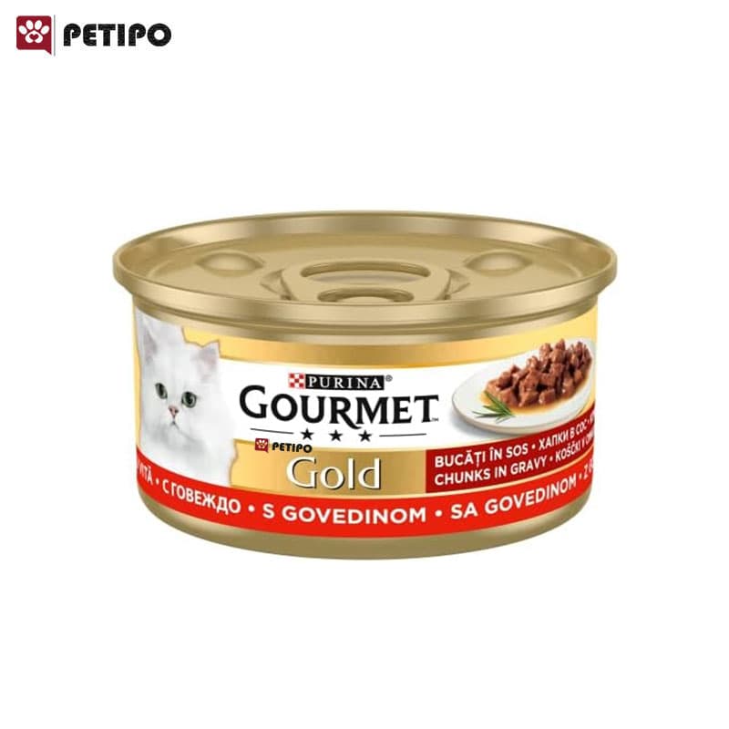 کنسرو گربه گورمه گلد چانک با طعم بیف (Gourmet Gold Chunks in Gravy Beef) وزن 85 گرم