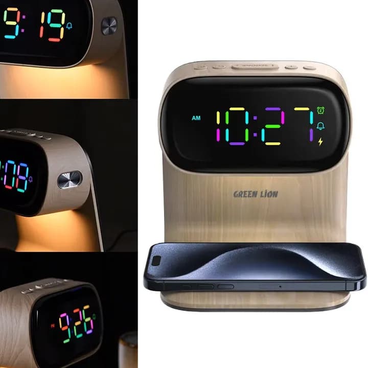 ساعت رو میزی و شارژر وایرلس گرین لاین مدل Green Lion Bedside Clock with Wireless Charger GNBED15WCHWD — تصویر ۷