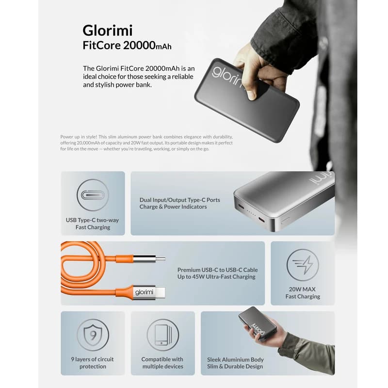 پاوربانک فوق نازک 20000 گلوریمی Glorimi FitCore توان 20 وات — تصویر ۲