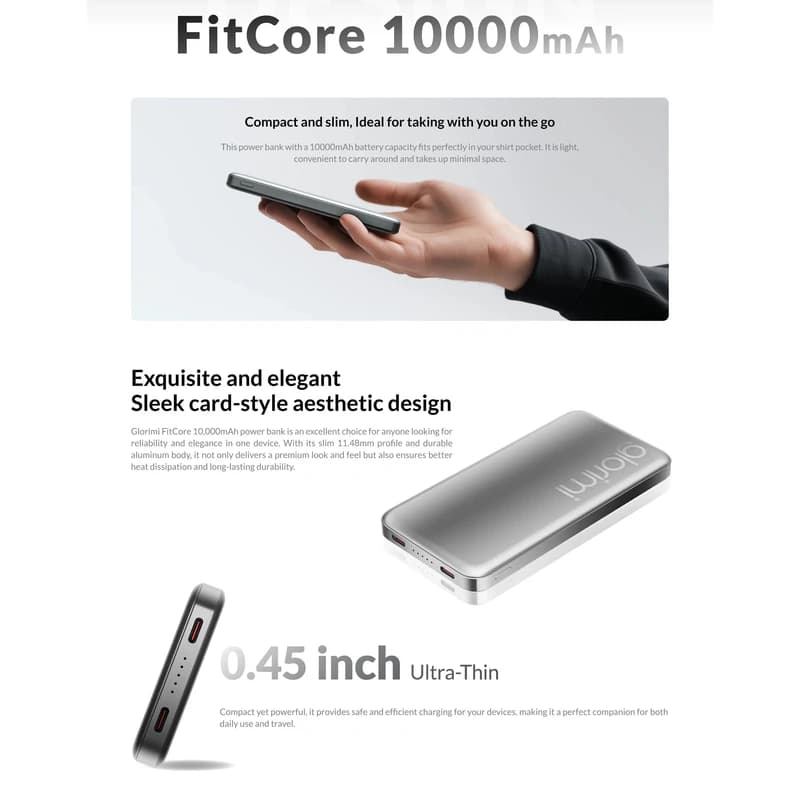پاوربانک فوق نازک 10000 گلوریمی Glorimi FitCore توان 20 وات — تصویر ۶