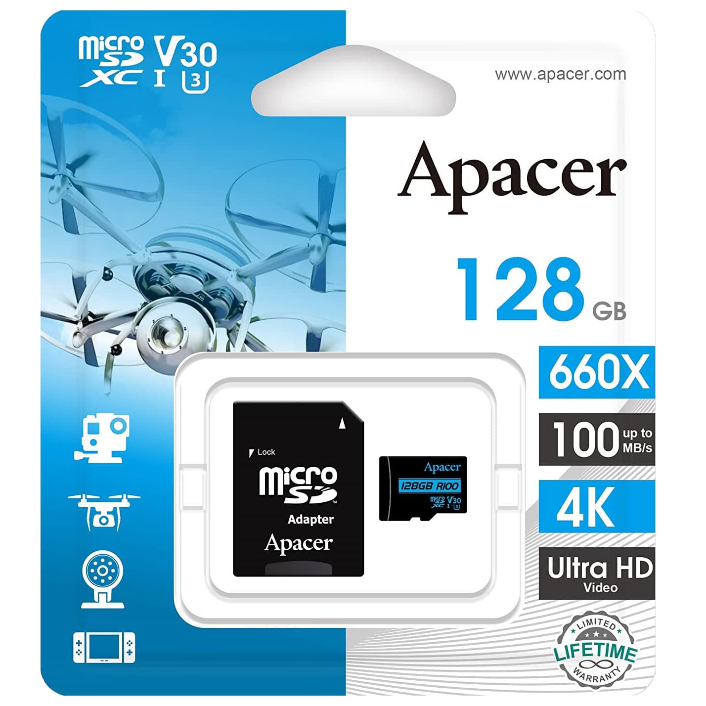کارت حافظه 128 گیگابایت microSDXC اپیسر R100 به همراه آداپتور SD — تصویر ۳
