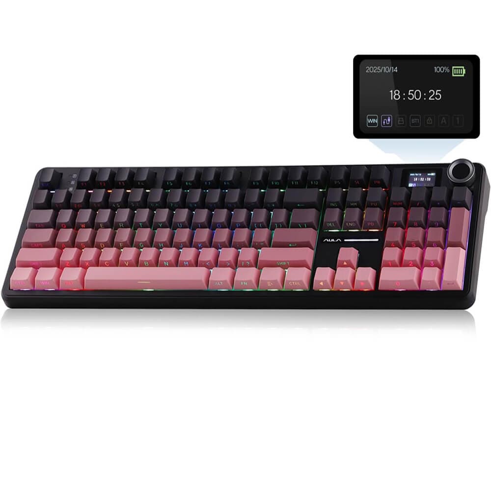 کیبورد گیمینگ مکانیکال AULA F108 PRO ( رنگ کلید گرادیانت مشکی صورتی ) سوییچ GRAY WOOD V3
