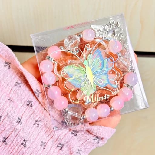 پرایمر عطر جیبی پینترستی پروانه و دستبند سنگ طرح رز کوارتز صورتی کیوت مروارید پرنسسی فانتزی کیوت دخترانه کادوهدیه تولد — تصویر ۷