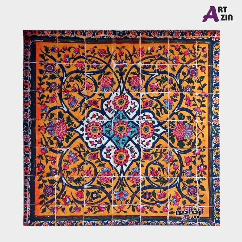 رومیزی زرد مخمل کوبیده جدید 90 سانتی آستردوزی طرح سنتی کد: 20 – 607