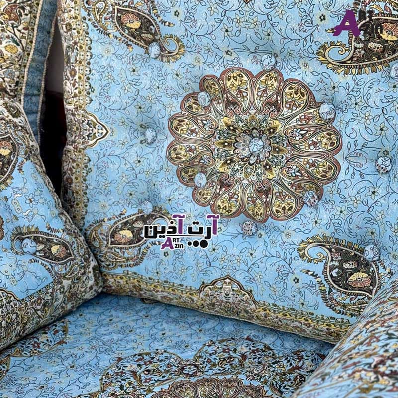 پشتی سنتی شاه نشین 7 تکه ترمه یزد رنگ آبی طرح افشاری کد: 1675 — تصویر ۲