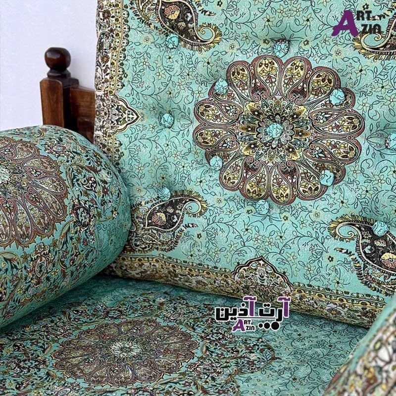 پشتی شاهنشین سنتی 7 تکه ترمه یزد رنگ سبز طرح افشاری کد: 1674 — تصویر ۲