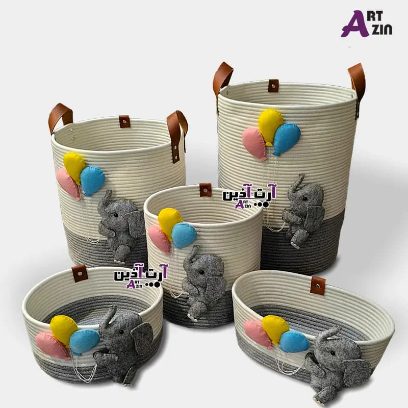 سرویس سیسمونی کامل اتاق نوزاد پسر قیطان دوزی 5 تکه طرح عروسک فیل – کد: 878