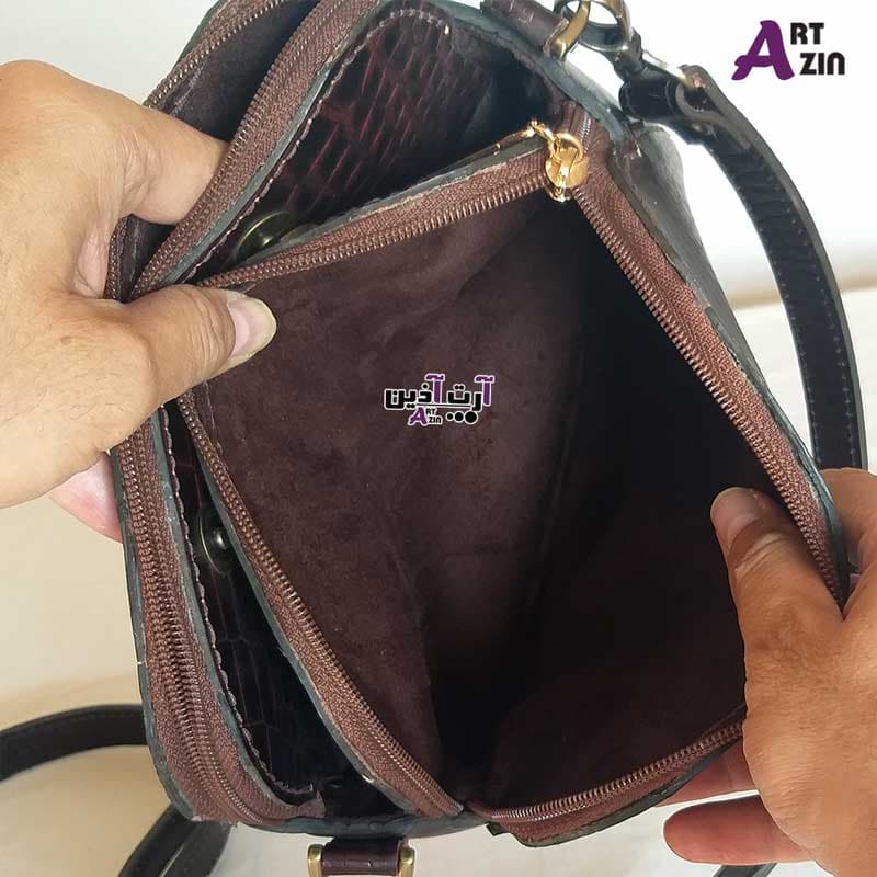 کیف چرم دست دوز زنانه قهوه ای مدل دو زیپ – کد : 2 – 1703 — تصویر ۴