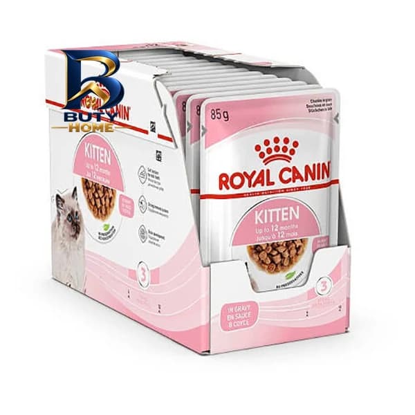 پوچ گربه رویال کنین مدل kitten gravy وزن ۸۵ گرم بسته ۱۲ عددی