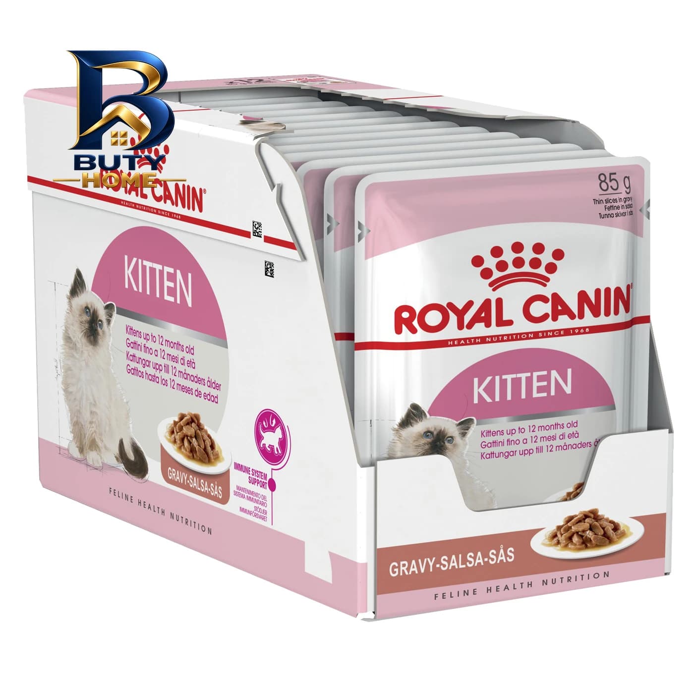 پوچ گربه رویال کنین مدل Kitten gravy وزن ۱۰۲۰ گرم بسته ۱۲ عددی
