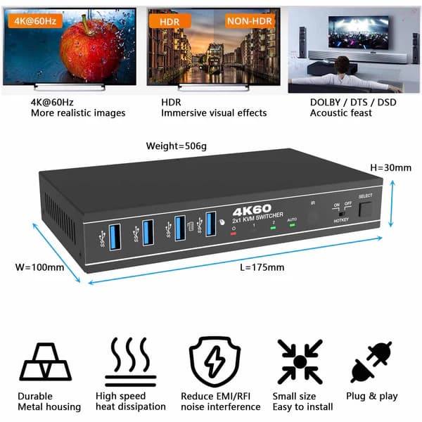 KVM سوئیچ 2 پورت HDMI/USB3.0 با کیفیت 4K@60Hz فرانت — تصویر ۳