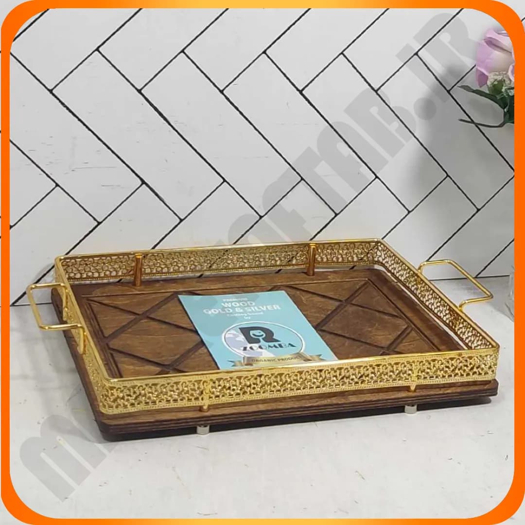 سینی مستطیل کلاسیک کف چوب تسمه طلایی زومبا