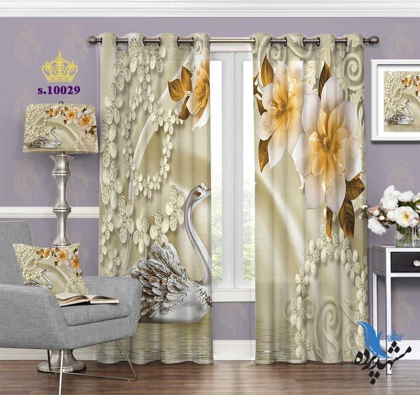 پرده پانچ گلدار طرح گل و قو S10019