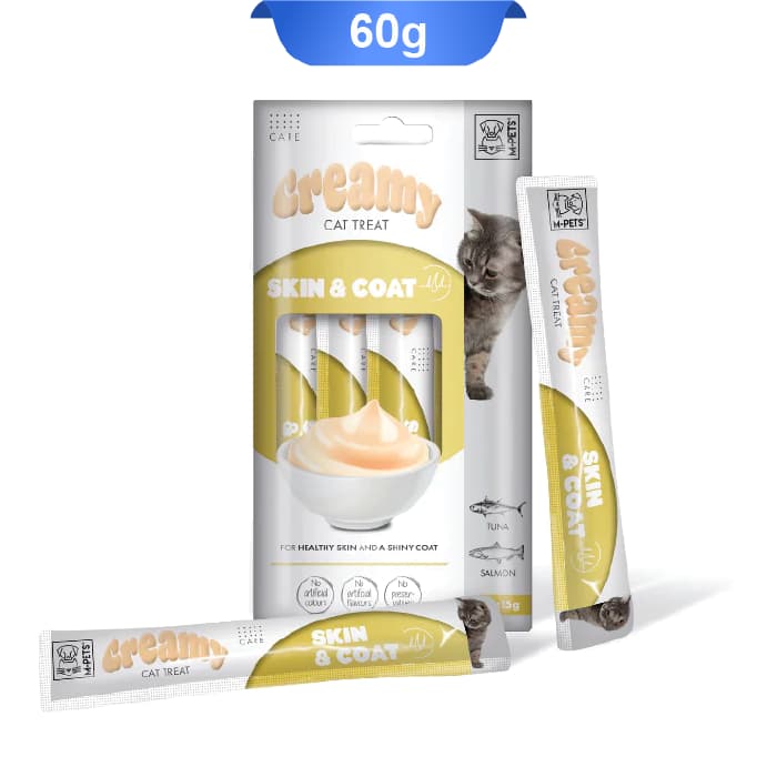 بستنی گربه ام پت مدل پوست و مو طعم ماهی تن و ماهی سالمون بسته 4 عددی M-Pets Creamy Treat Skin & Coat