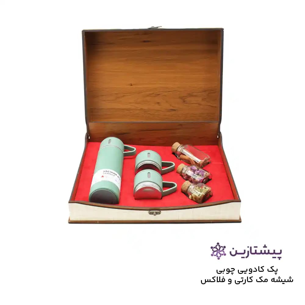 جعبه چوبی کادویی سلامتی با فلاسک 3کاپ مدل جان جهان