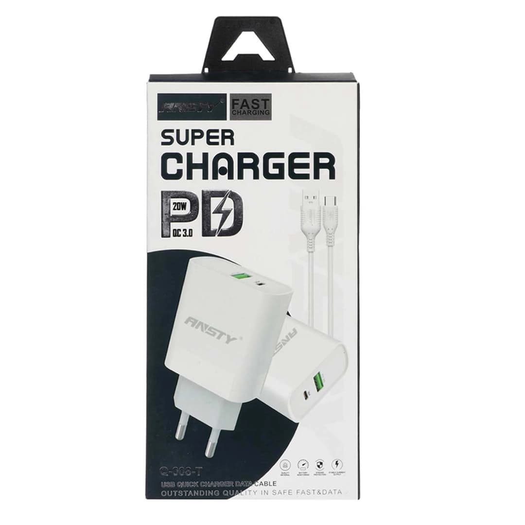 شارژر همراه با کابل شارژ تایپ سی برند ANSTY مدل C-008-T (گارانتی 6 ماهه )