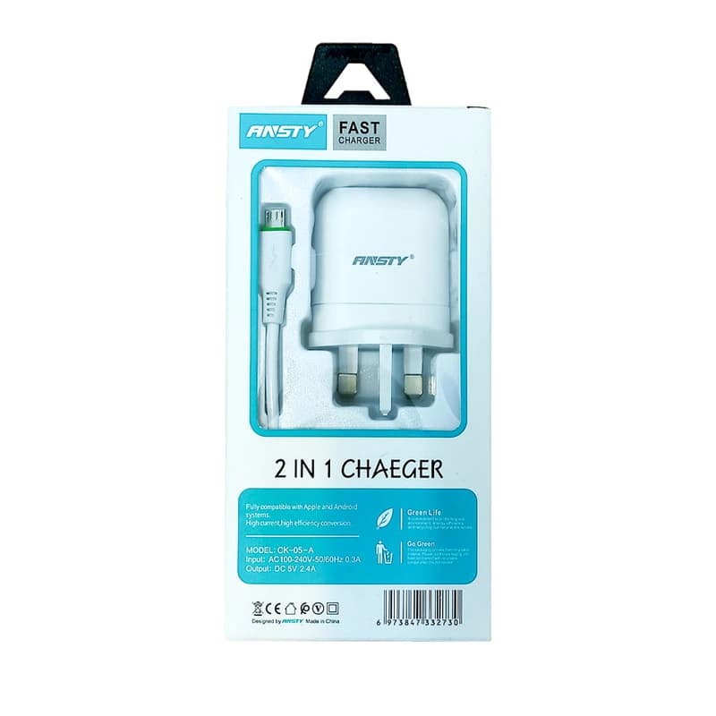 شارژر همراه با کابل شارژ میکرو برند ANSTY مدل CK-05-A (گارانتی 6 ماهه ) — تصویر ۳