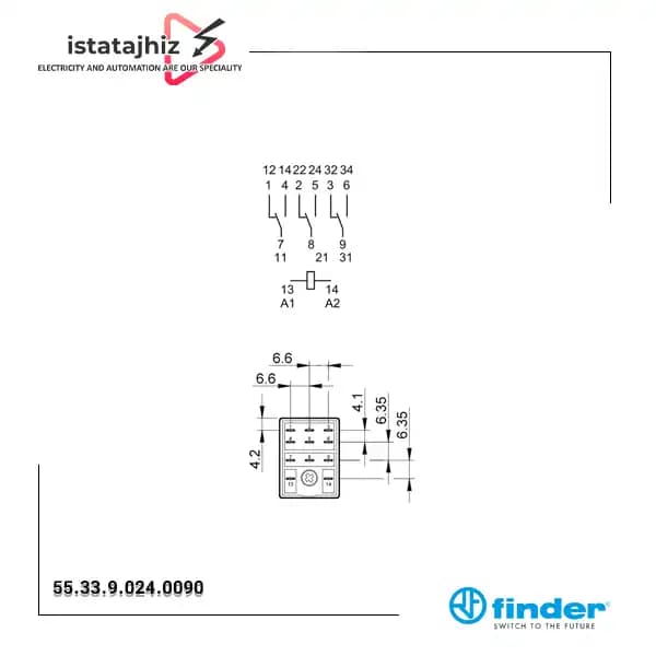رله شیشه ای 8 پایه 3 کنتاکت 24 ولت DC فیندر کد 55.33.9.024.0090 — تصویر ۵