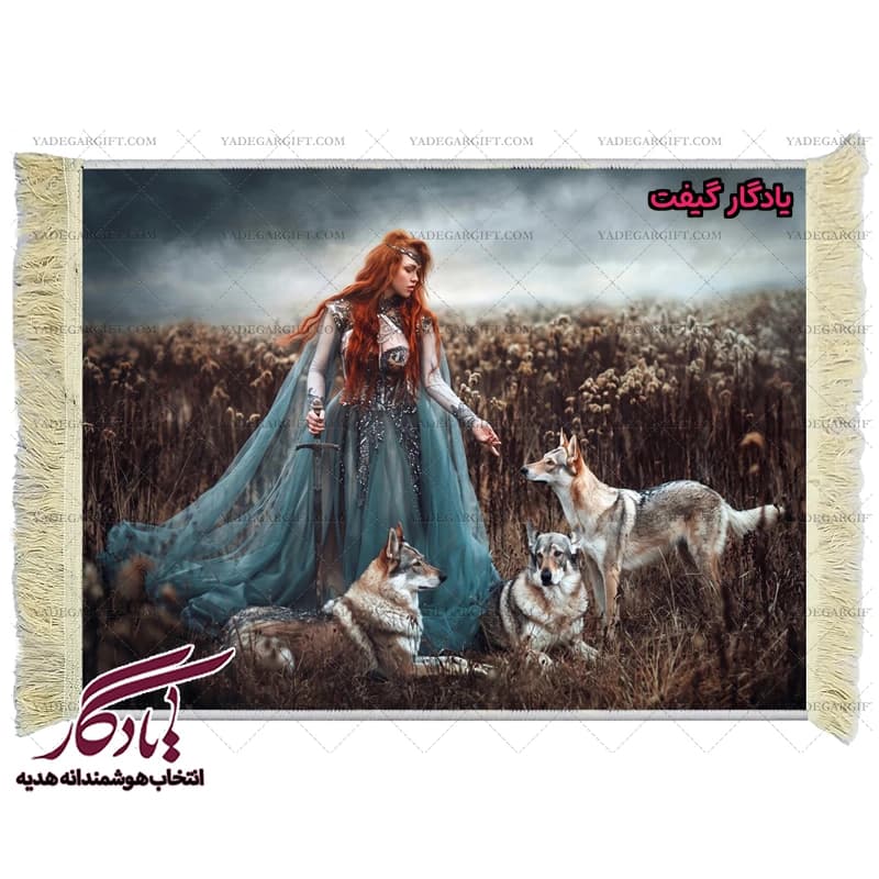 تابلو فرش ماشینی طرح دوشیزه و سگ گرگ کد d19