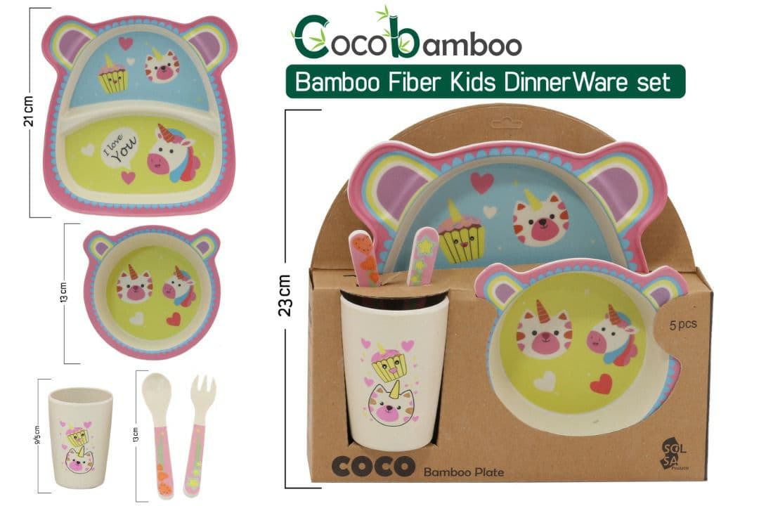 ست ظرف غذای بامبو کودک ۵تیکه کوکو coco bamboo طرح یونیکورن unicorn cat — تصویر ۳