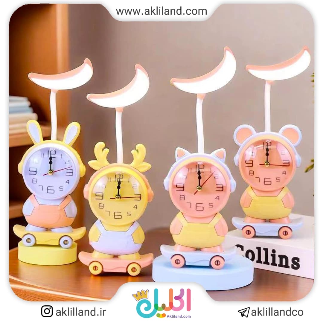 چراغ مطالعه ساعت دار حیوانات اسکیت سوار (رنگبندی رندوم)