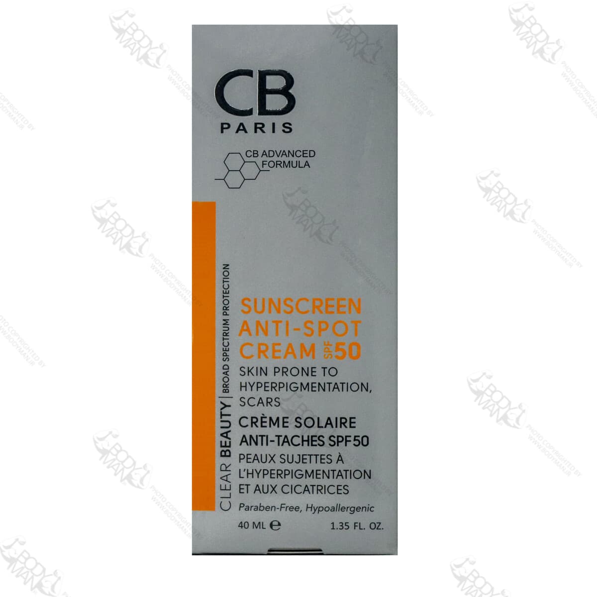 کرم ضد آفتاب مناسب پوست های دارای لک سی بی پاریس | CB PARIS SUNSCREEN ANTI-SPOT CREAM SPF50 — تصویر ۴