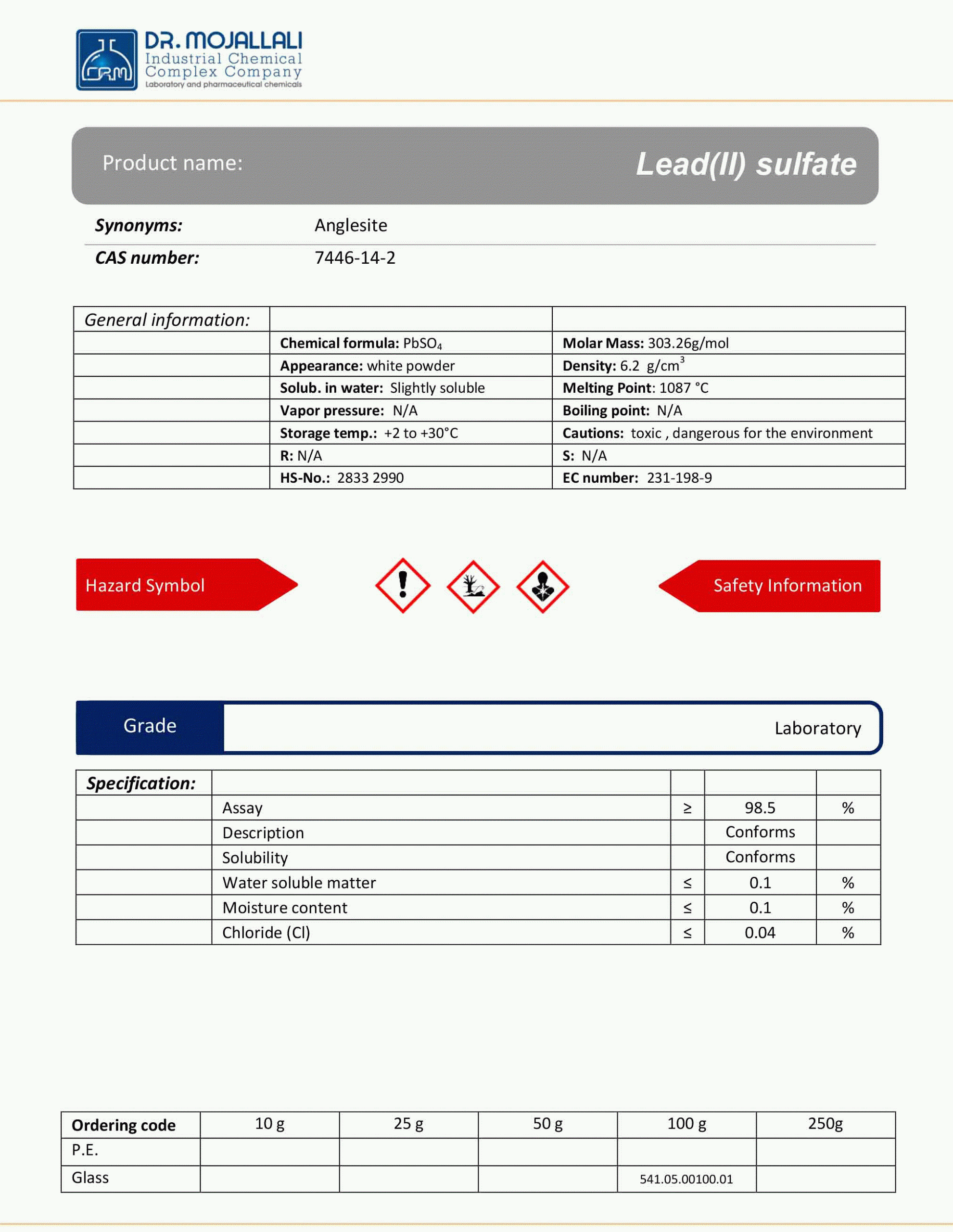 سرب (II) سولفات گرید Laboratory | دکتر مجللی — تصویر ۳