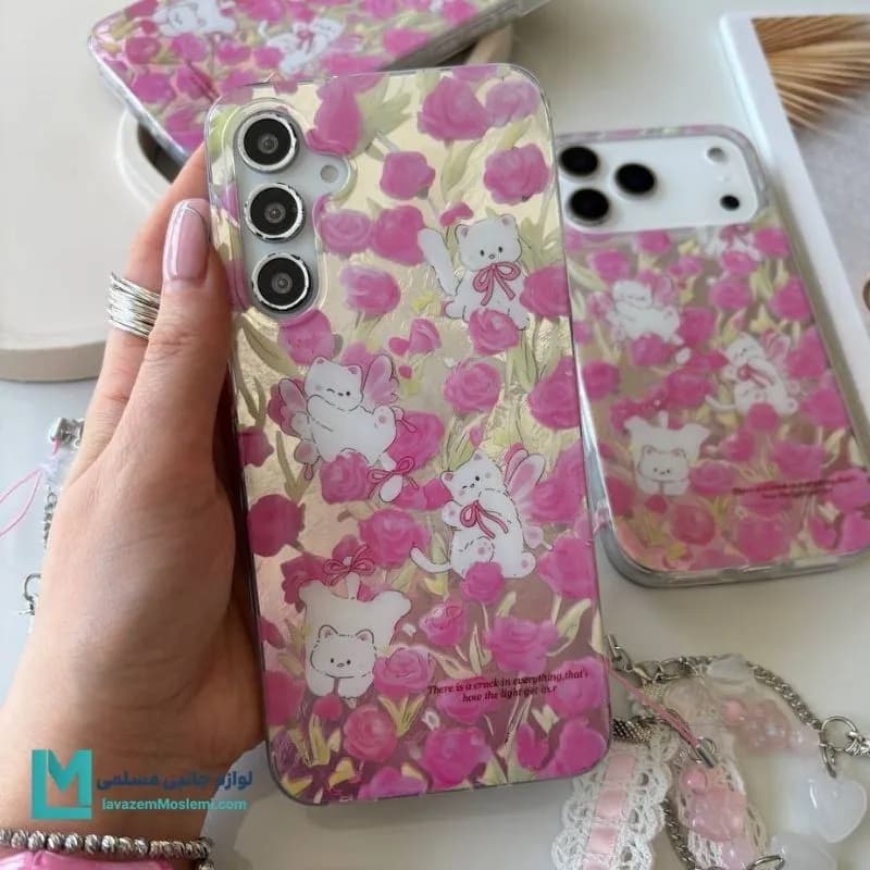 قاب گوشی فانتزی باغ گل صورتی و گربه کد C3635 | لوازم جانبی مسلمی