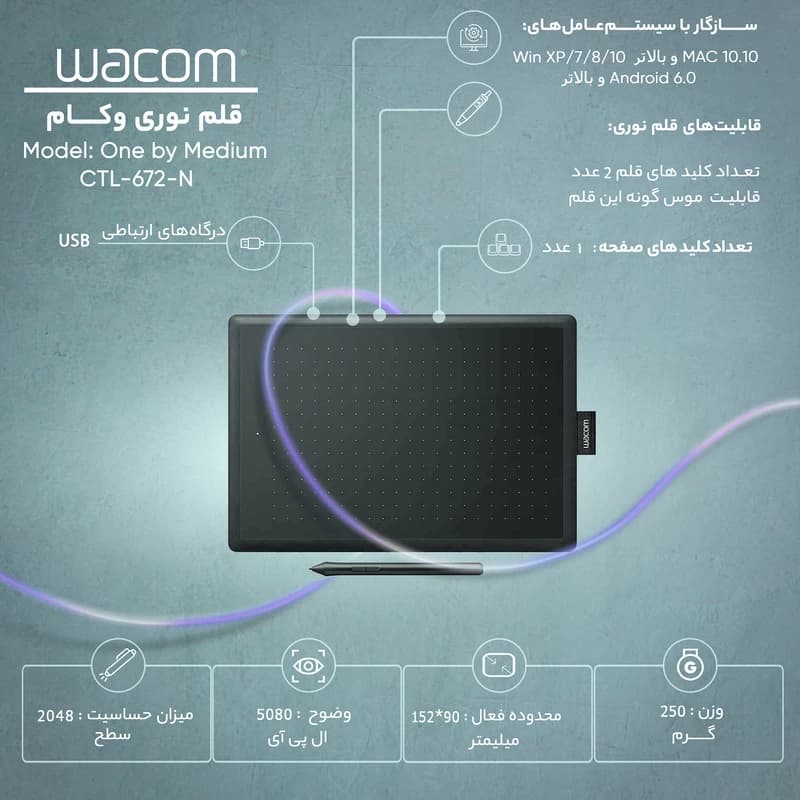 قلم نوری وکام ( WACOM ) مدل ONE BY MEDIUM (CTL 672) — تصویر ۳
