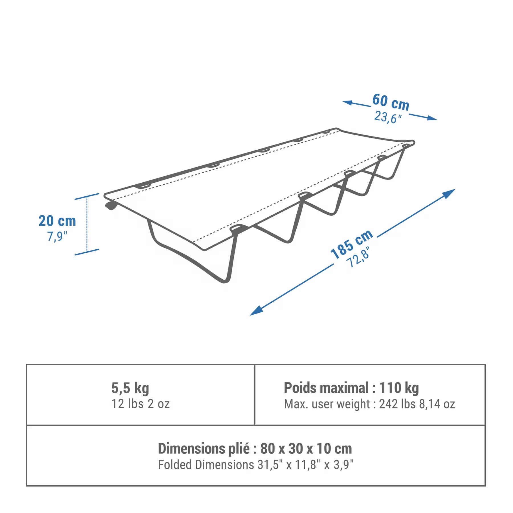 تخت کمپینگ کچوا Quechua Camping Bed – 60 cm – 1 Person – Green – Basic — تصویر ۳