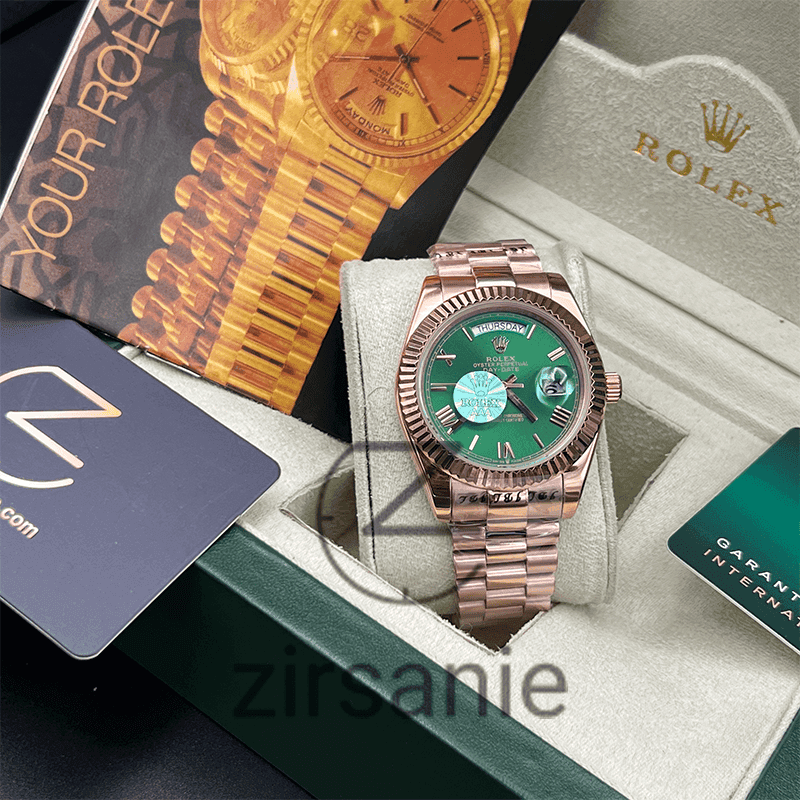 ساعت مچی مردانه رولکس دی دیت Rolex Day Date Rosegold Green Greek Index — تصویر ۲