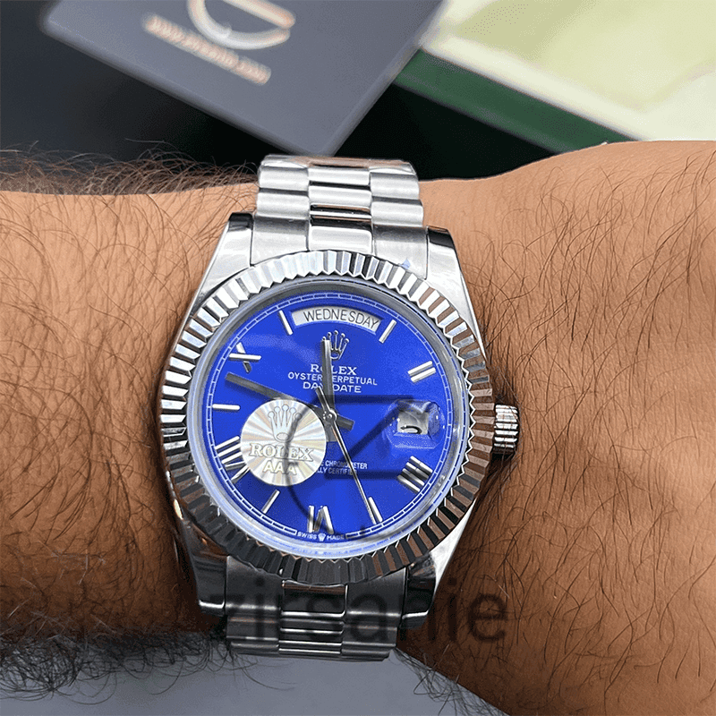 ساعت مچی مردانه رولکس دی دیت Rolex Day Date Silver Blue Greek Index — تصویر ۵
