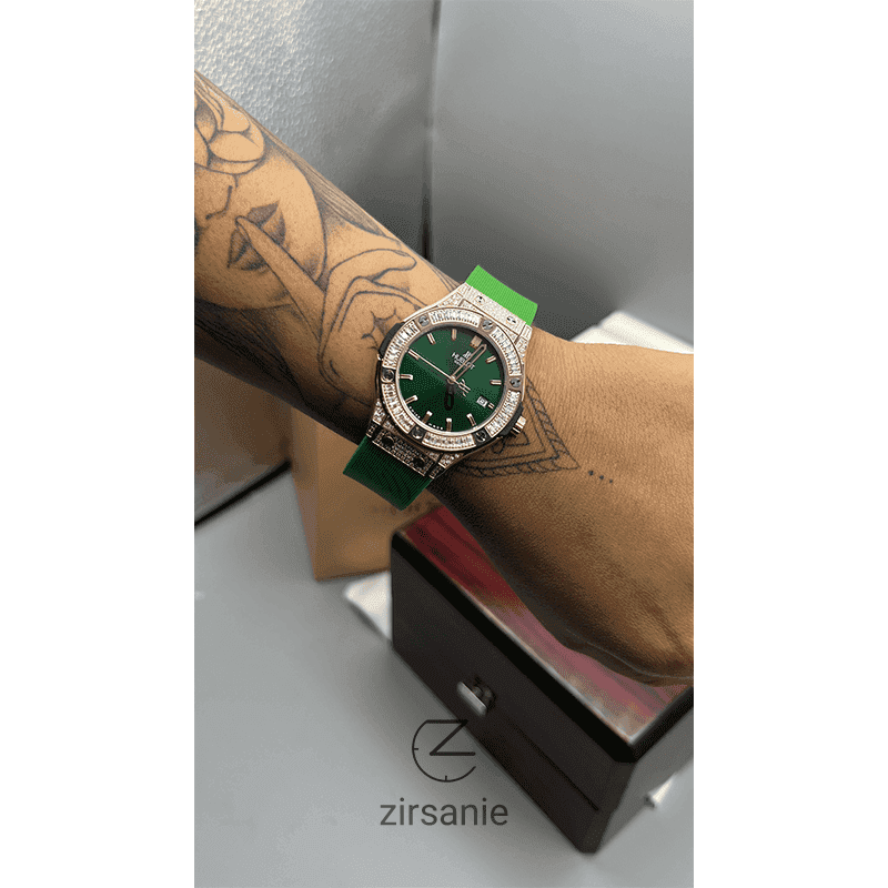 ساعت مچی زنانه هابلوت نگین دار Hublot Diamonds Rosegold Green Jewels — تصویر ۵